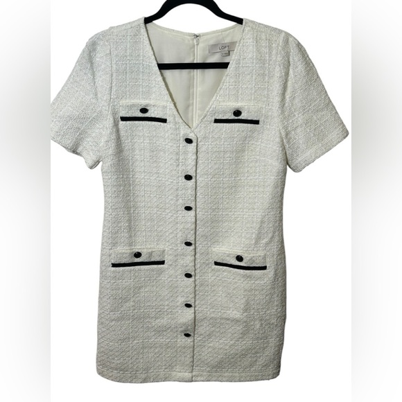 LOFT Dresses & Skirts - Loft Tweed White with Black Trim and Buttons Zip Back Size 8 Classic Preppy